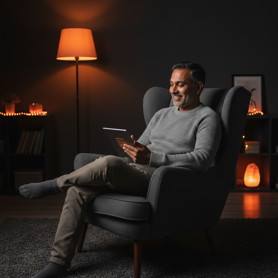 Trader relaxing in an armchair in the evening, checking the app on a tablet