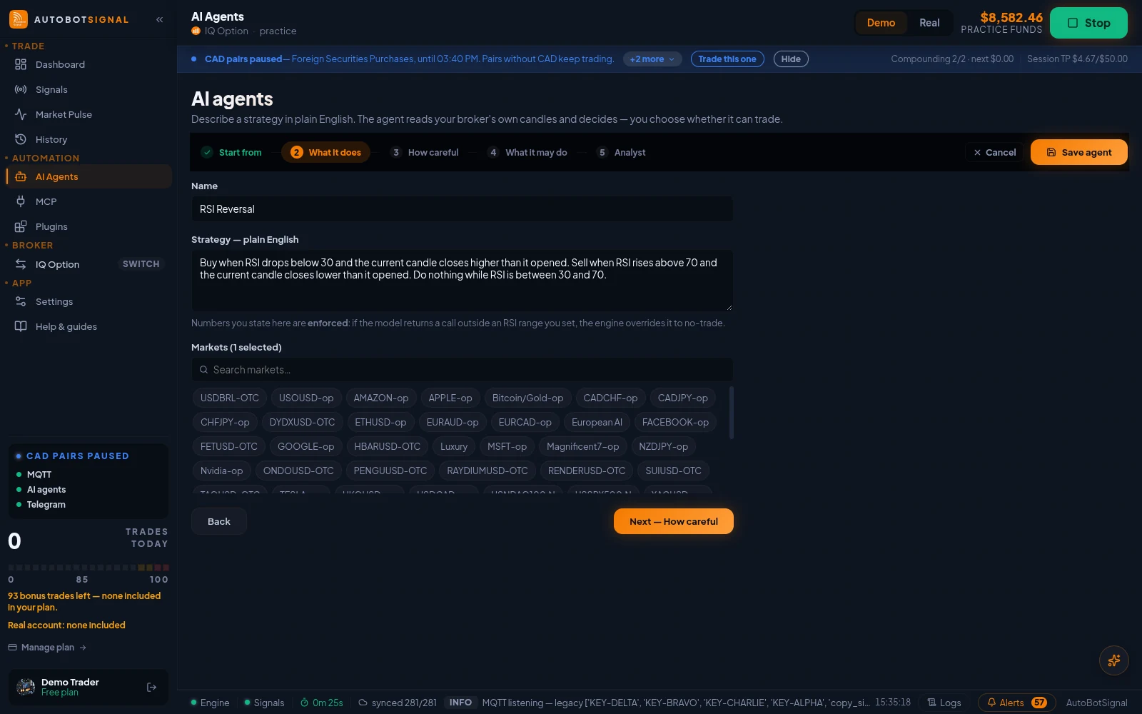 The AI agent editor: name, the strategy written in plain English, and the markets the agent watches