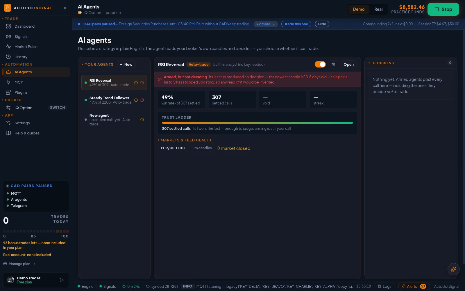 AI Agents: your agents with their win rate and settled calls, one agent's trust ladder and market feed health, and the decisions column