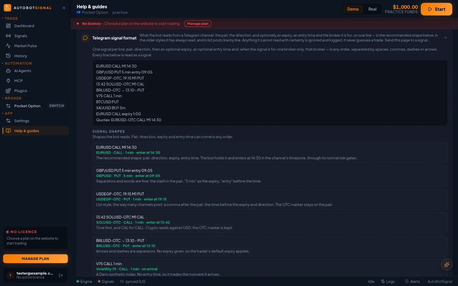 Help & guides inside the app with the Telegram signal format entry open: the example block and the explained examples