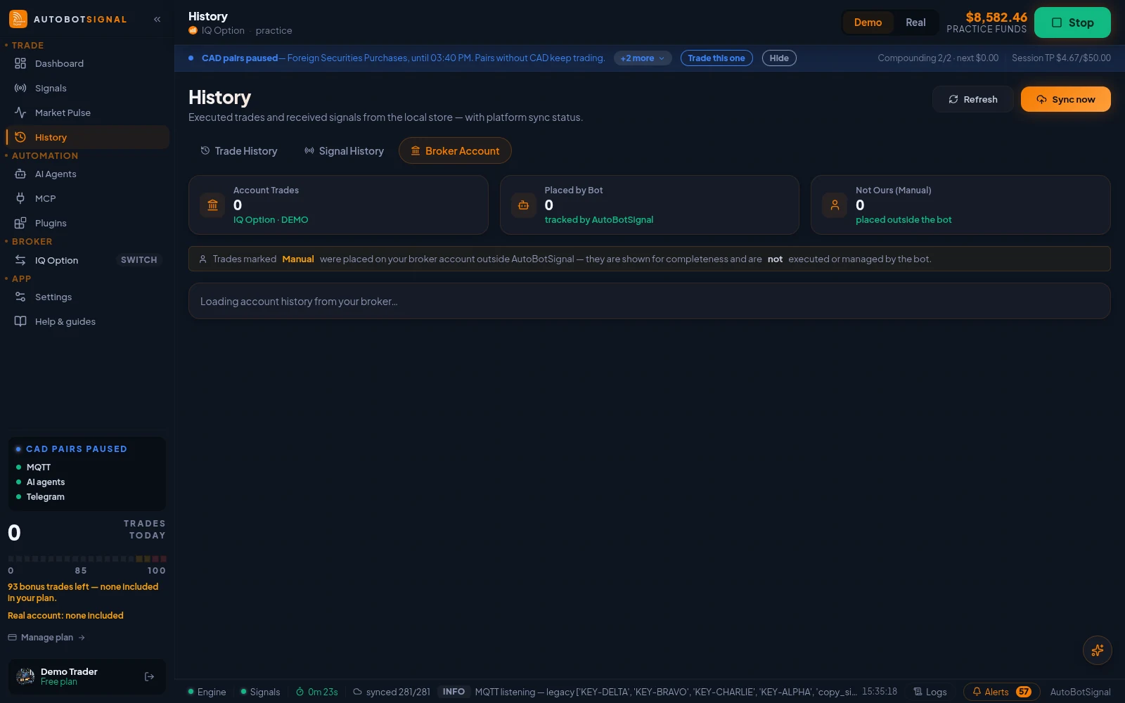 History → Broker Account: trades pulled from the broker itself, split into placed by the bot and placed manually