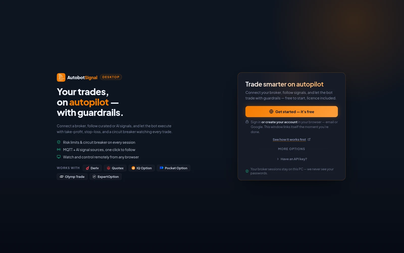 The desktop app's sign-in screen: Get started, or sign in with the account you created on the website