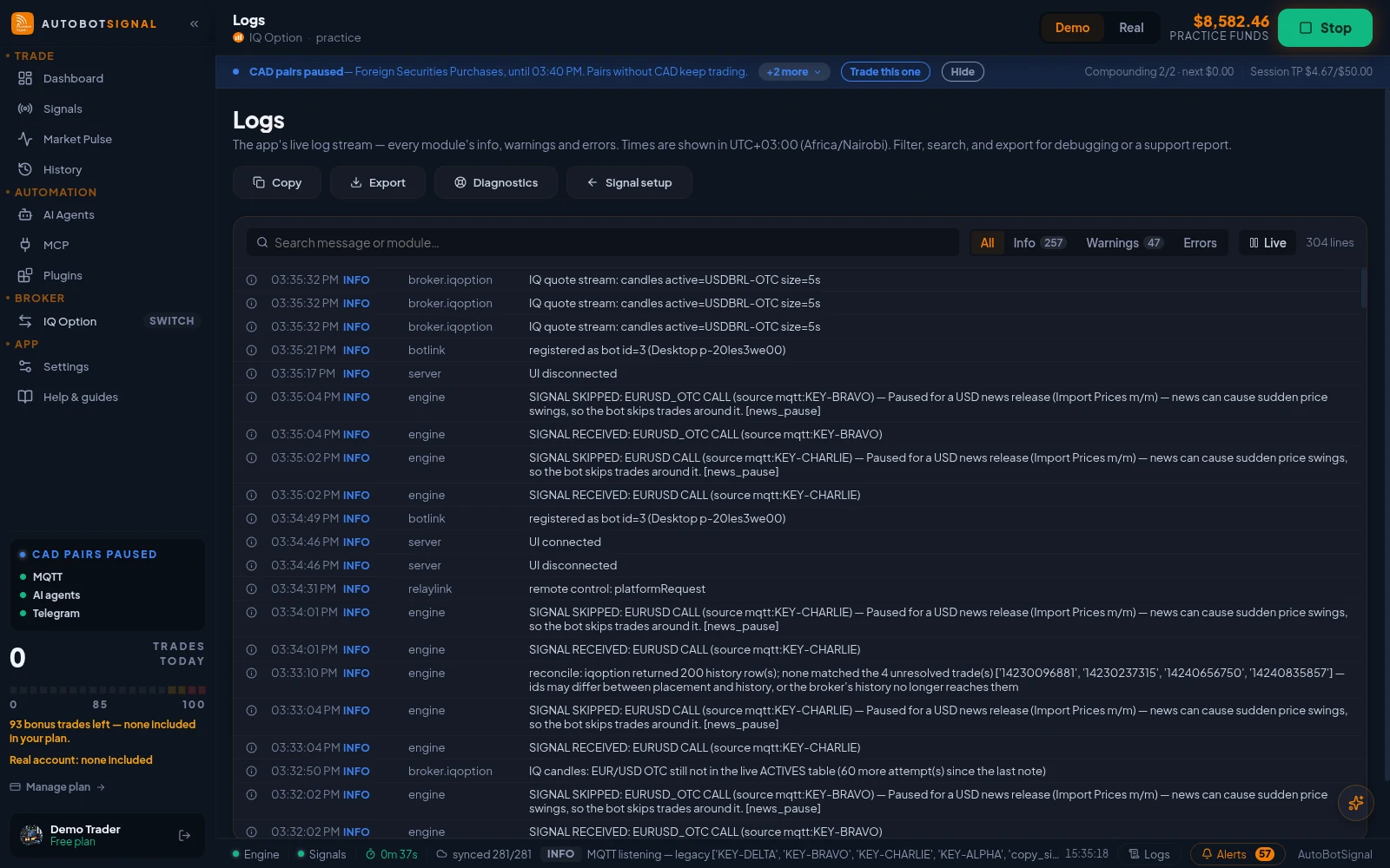 Logs: the engine's live log stream with info, warning and error filters, search, pause, copy and export