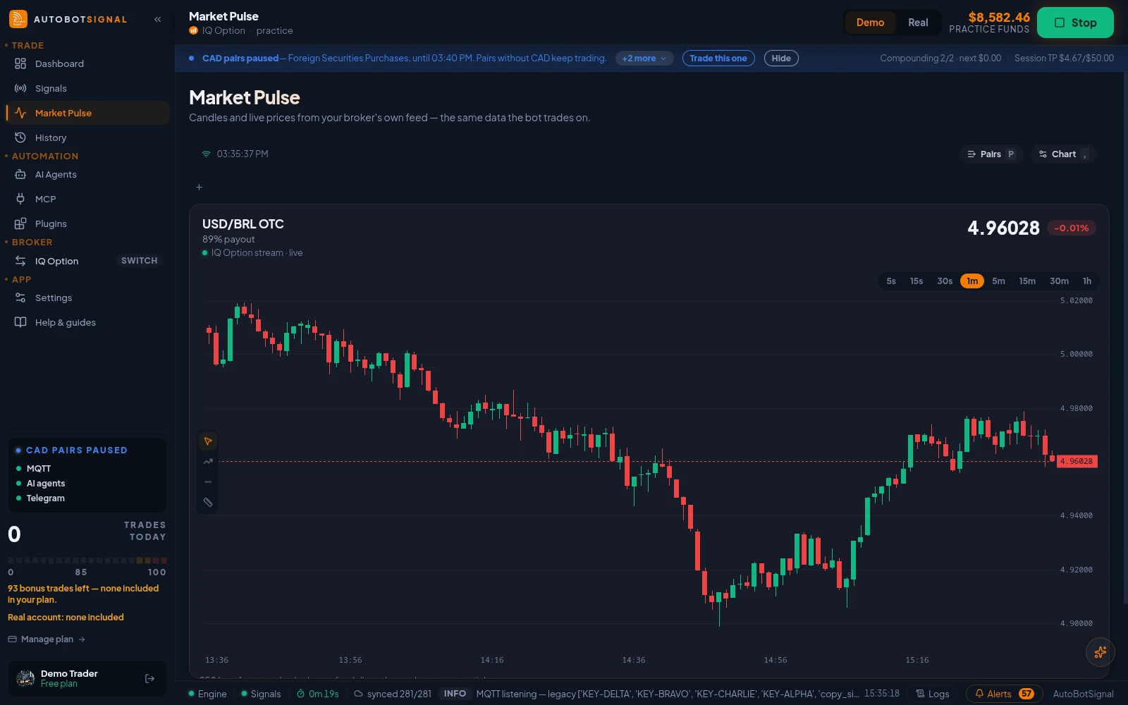 Market Pulse: a live candle chart for one pair streamed from the connected broker, with payout and timeframe controls