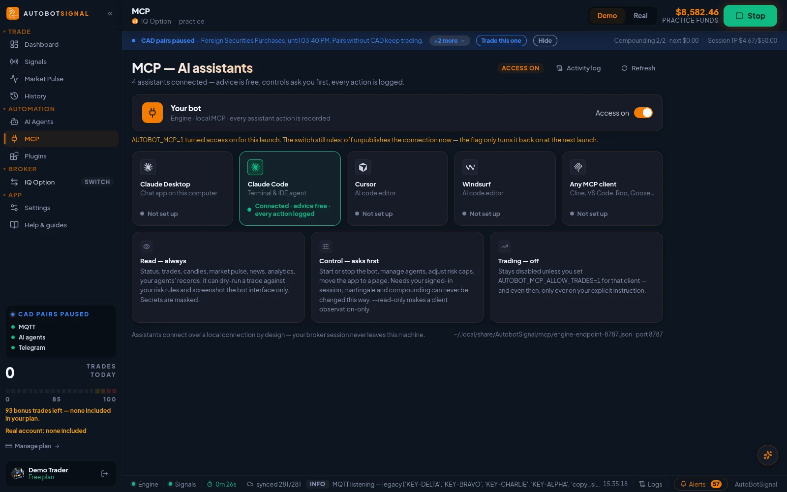 MCP — AI assistants: the access switch, the supported assistants, and the three permission levels (read, control, trading)