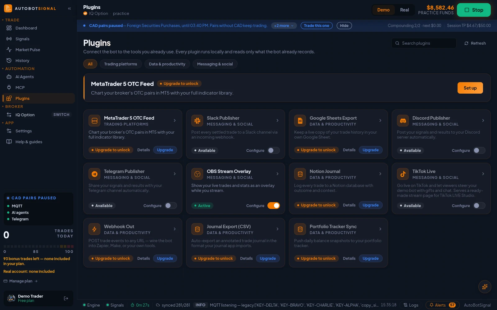 Plugins: the catalogue of integrations such as the MetaTrader 5 OTC feed, Discord, Telegram and Slack publishers, OBS overlay and TikTok Live, with their plan availability