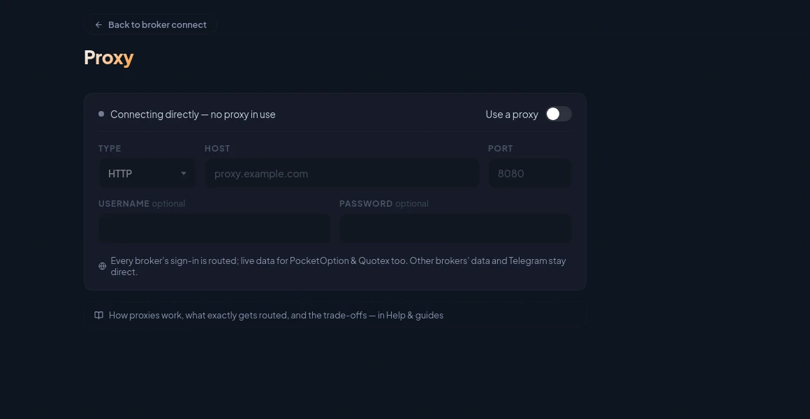 The connection proxy form: type, host, port and optional username and password, applied to broker sign-ins