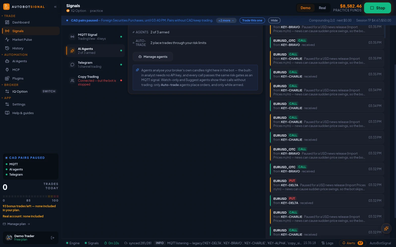 Signals → Sources with AI Agents selected: how many agents are armed and auto-trading, with the signal history from agents