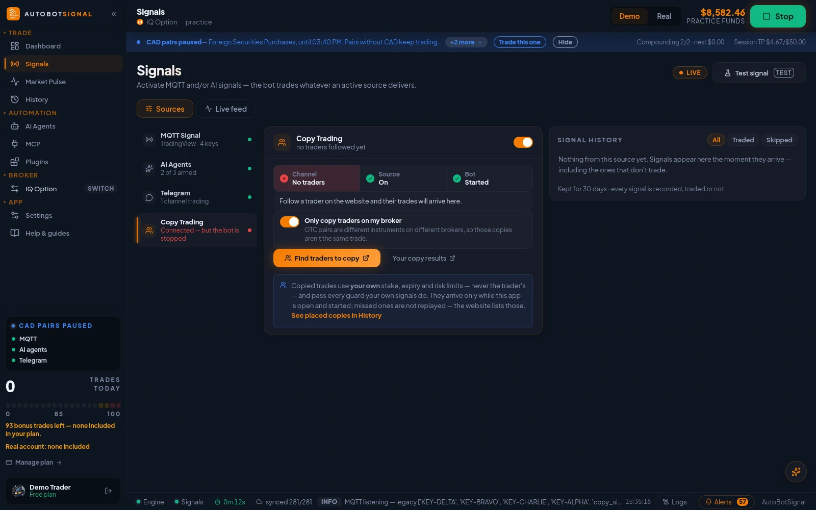 Signals → Sources with Copy Trading selected: channel, source and bot status, and the option to copy only traders on your broker