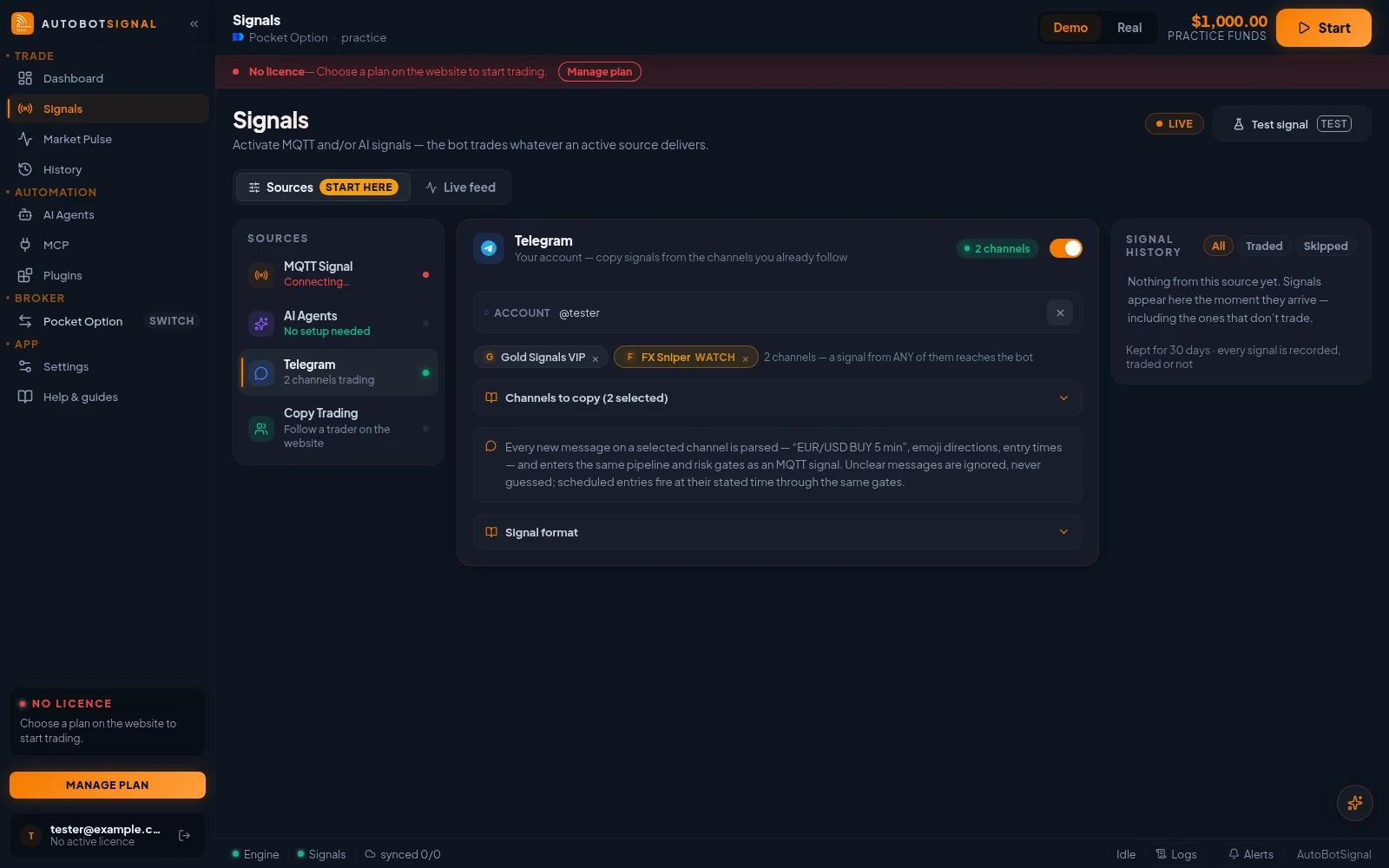 Signals → Sources with Telegram selected: the connected account, the channels being copied with one marked watch only, and the Signal format disclosure