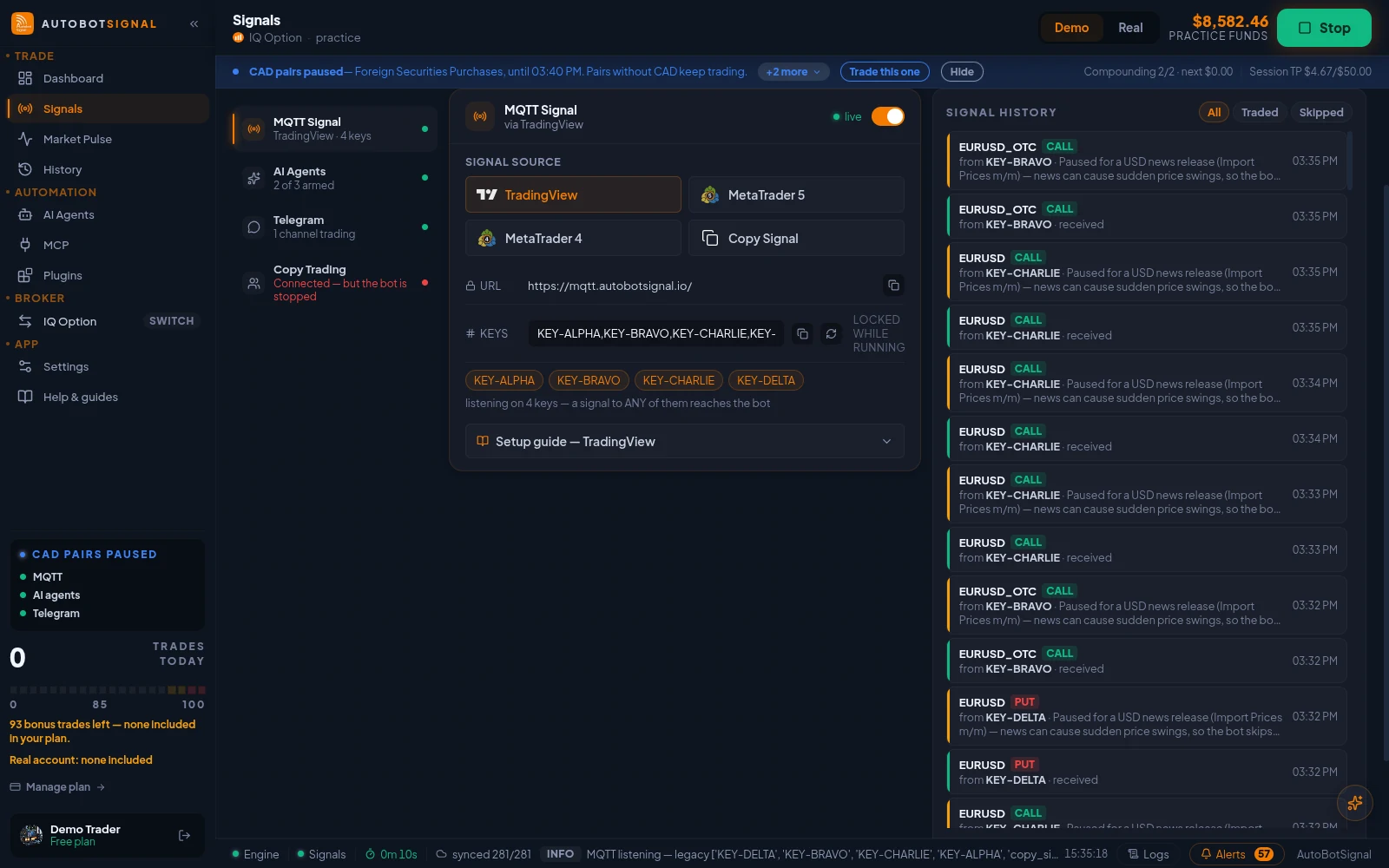 Signals → Sources with MQTT Signal selected: the TradingView, MetaTrader 5, MetaTrader 4 and Copy Signal senders, the webhook URL and the signal keys the bot listens on