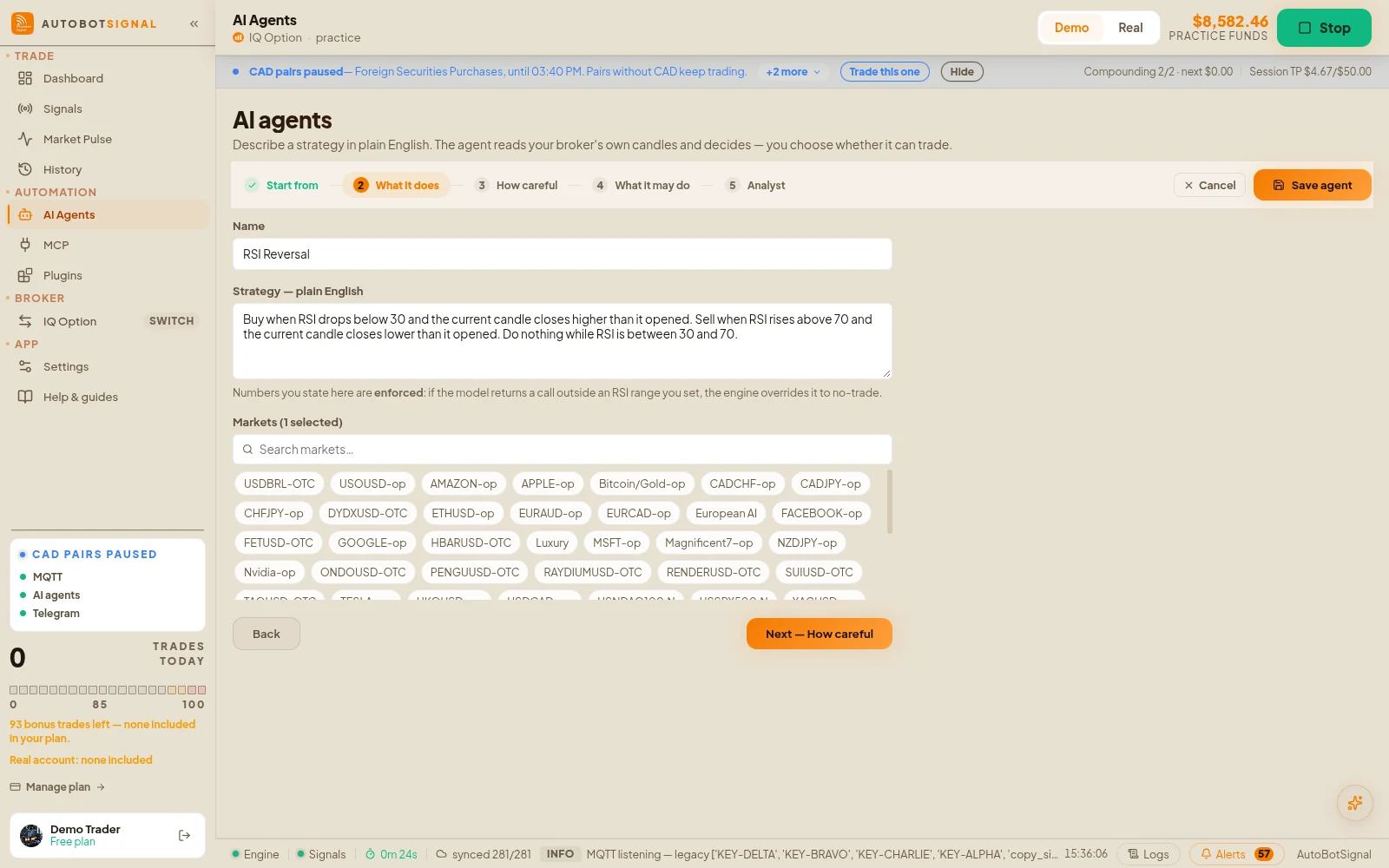 The AI agent editor: name, the strategy written in plain English, and the markets the agent watches