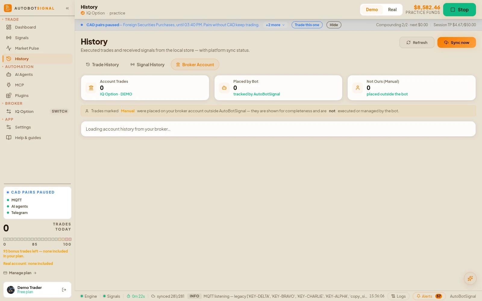 History → Broker Account: trades pulled from the broker itself, split into placed by the bot and placed manually