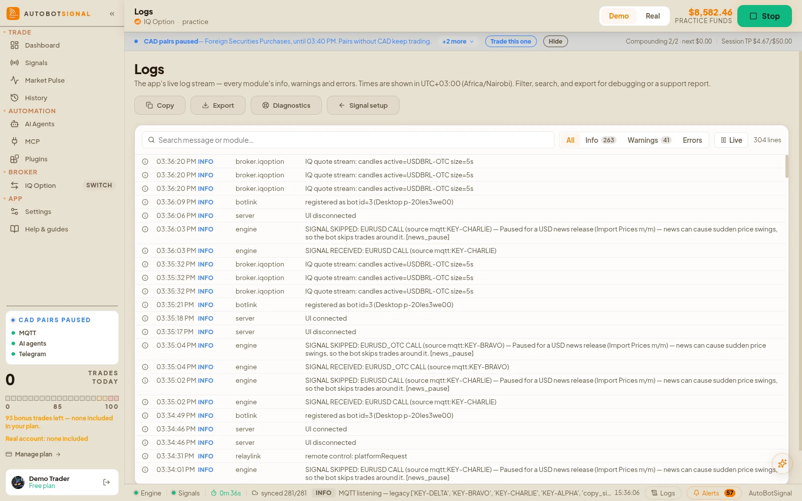 Logs: the engine's live log stream with info, warning and error filters, search, pause, copy and export