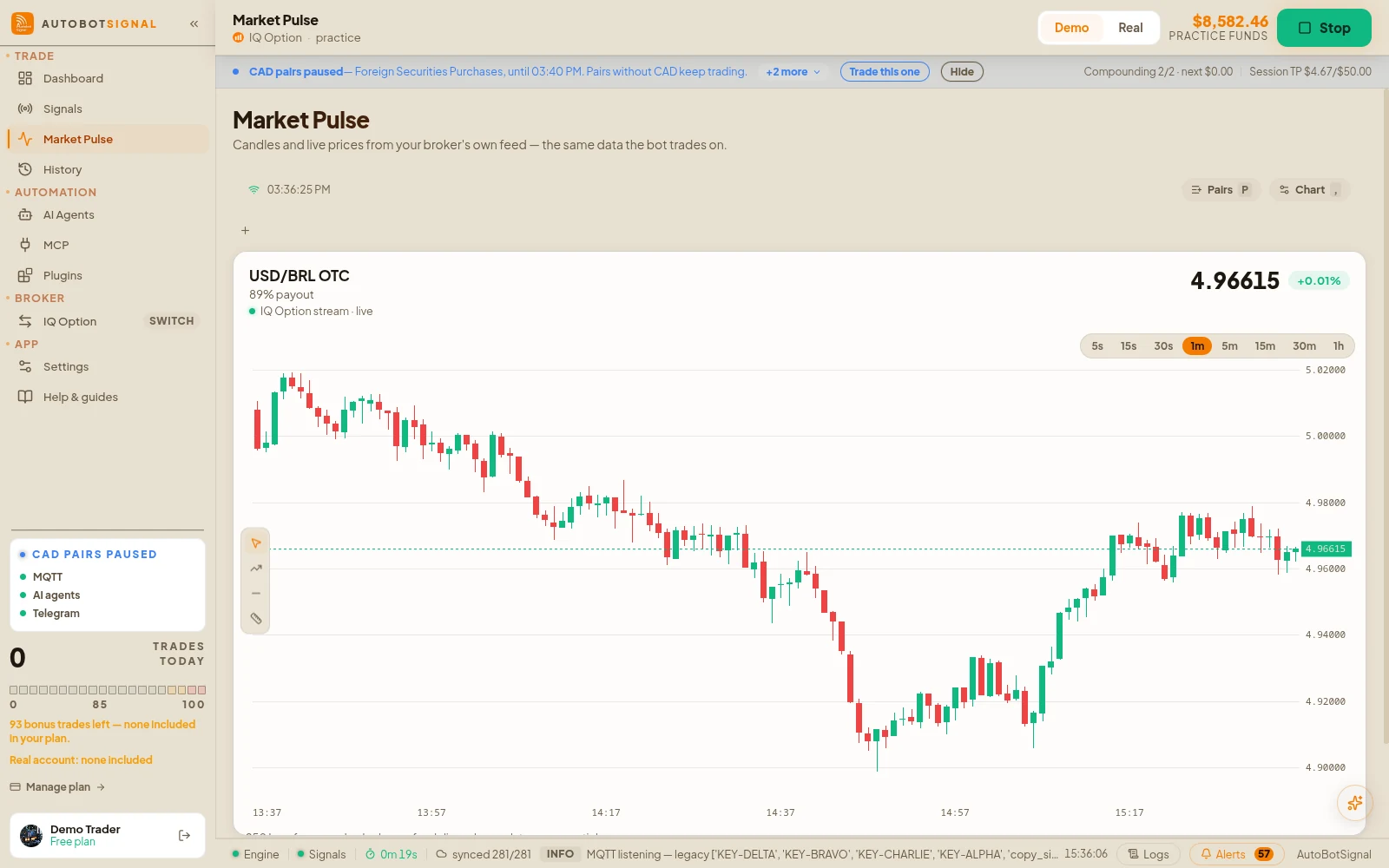 Market Pulse: a live candle chart for one pair streamed from the connected broker, with payout and timeframe controls