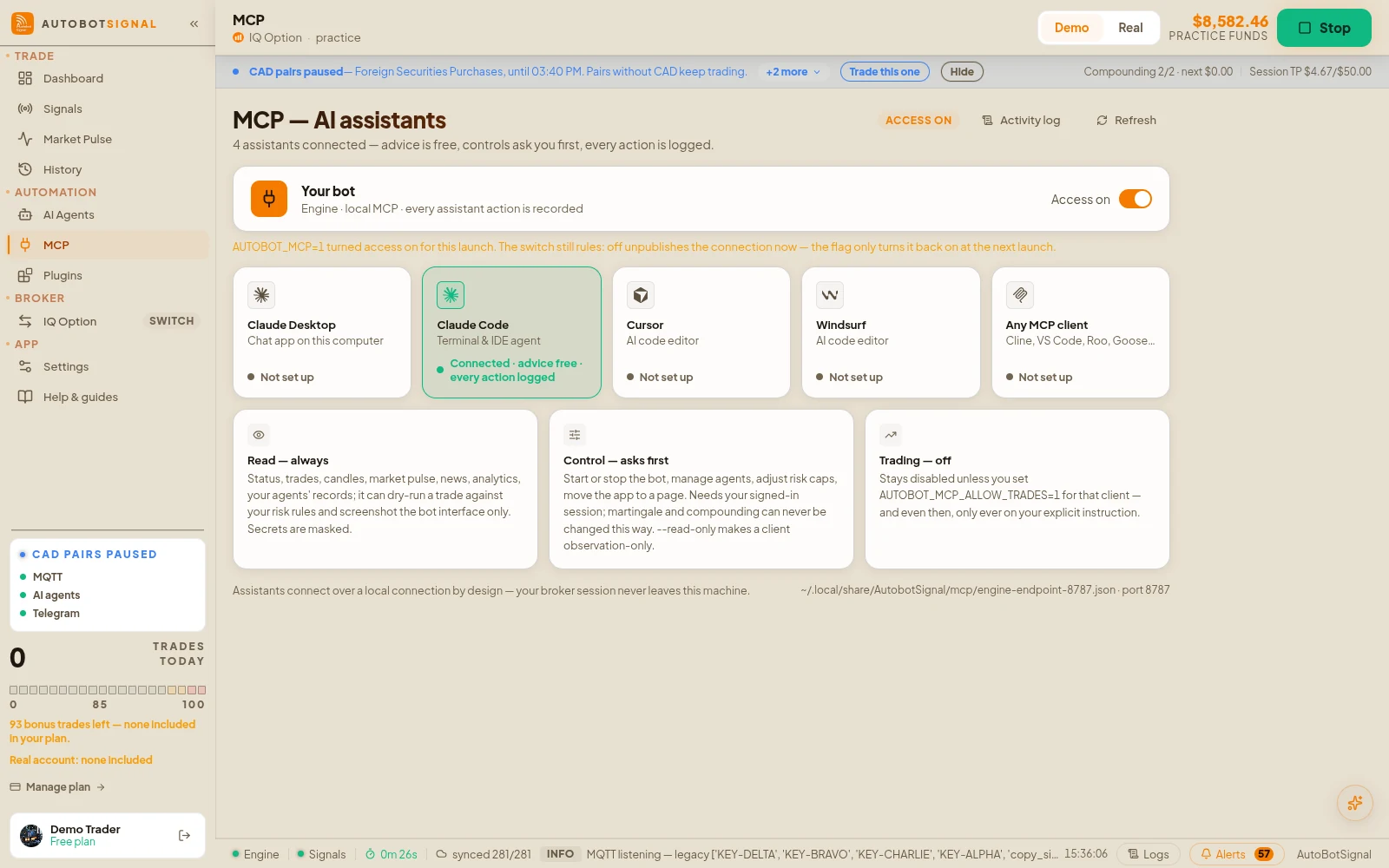 MCP — AI assistants: the access switch, the supported assistants, and the three permission levels (read, control, trading)