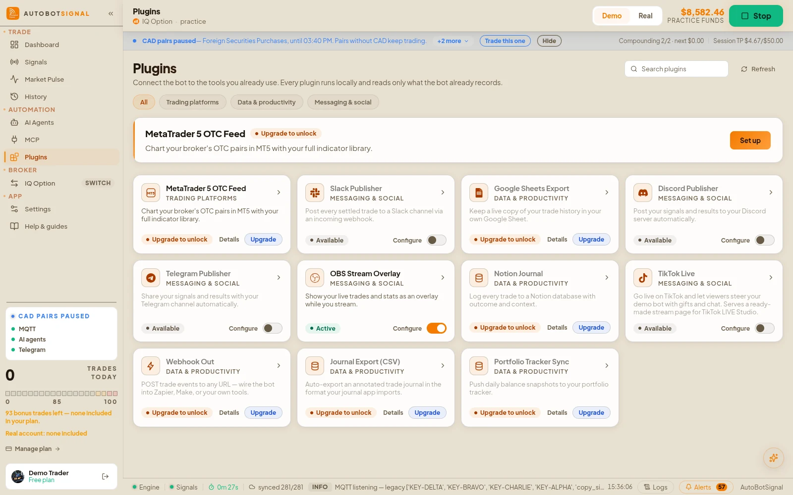 Plugins: the catalogue of integrations such as the MetaTrader 5 OTC feed, Discord, Telegram and Slack publishers, OBS overlay and TikTok Live, with their plan availability
