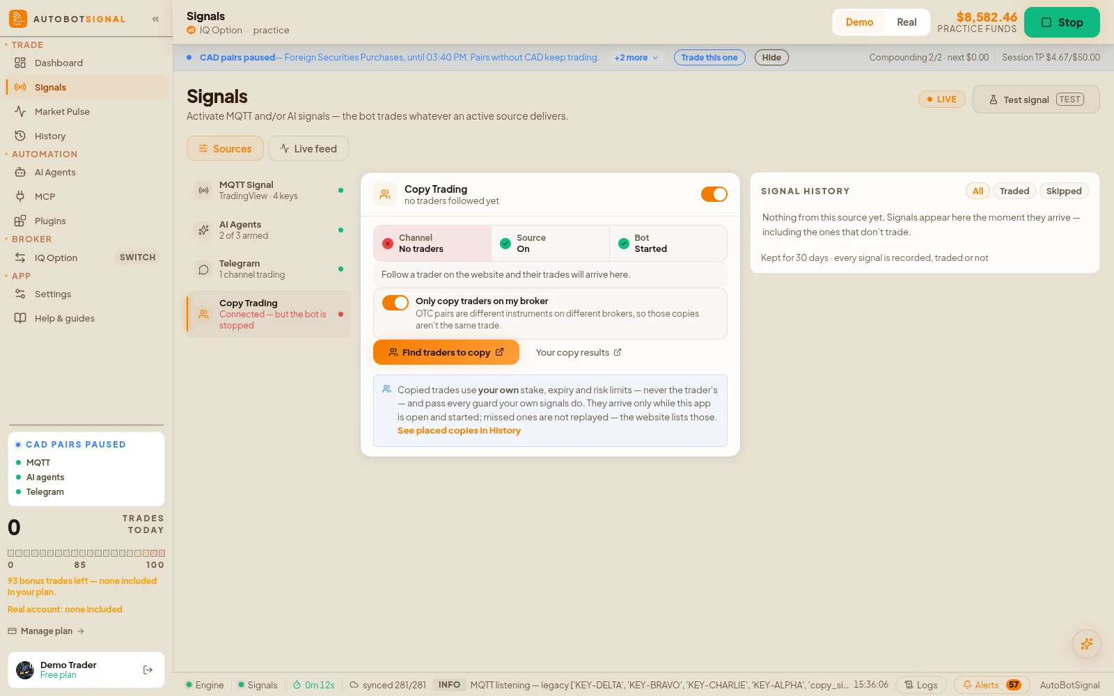 Signals → Sources with Copy Trading selected: channel, source and bot status, and the option to copy only traders on your broker