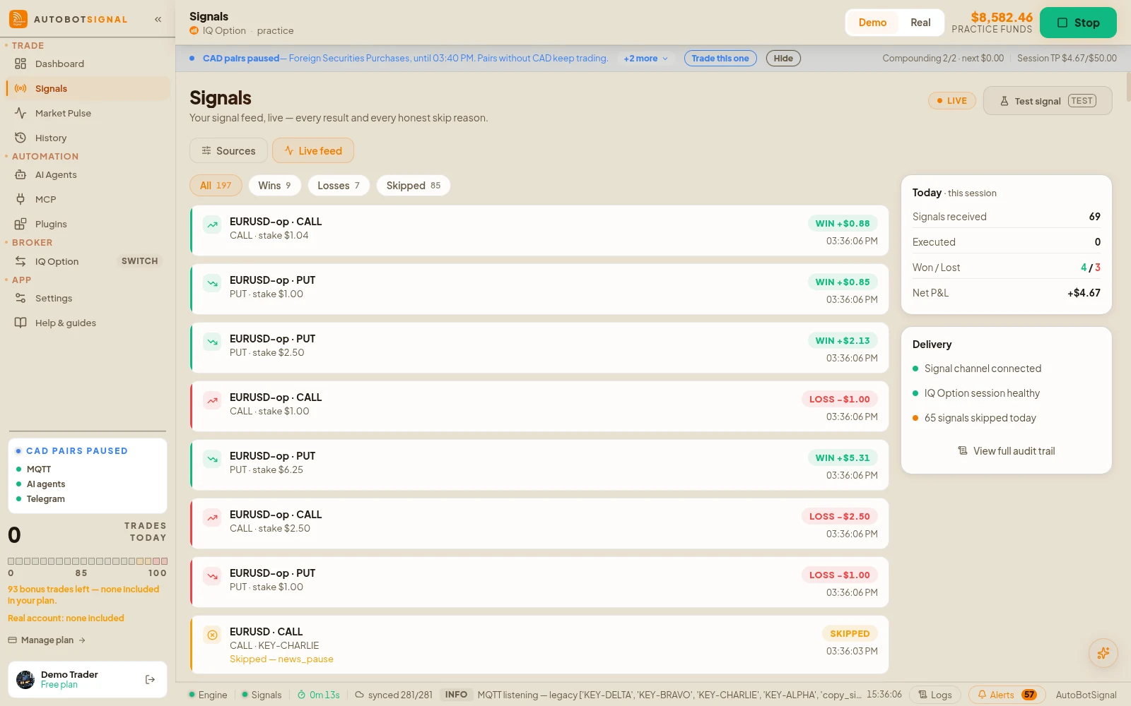 Signals → Live feed: every signal received this session, traded or skipped with its reason, and the session totals